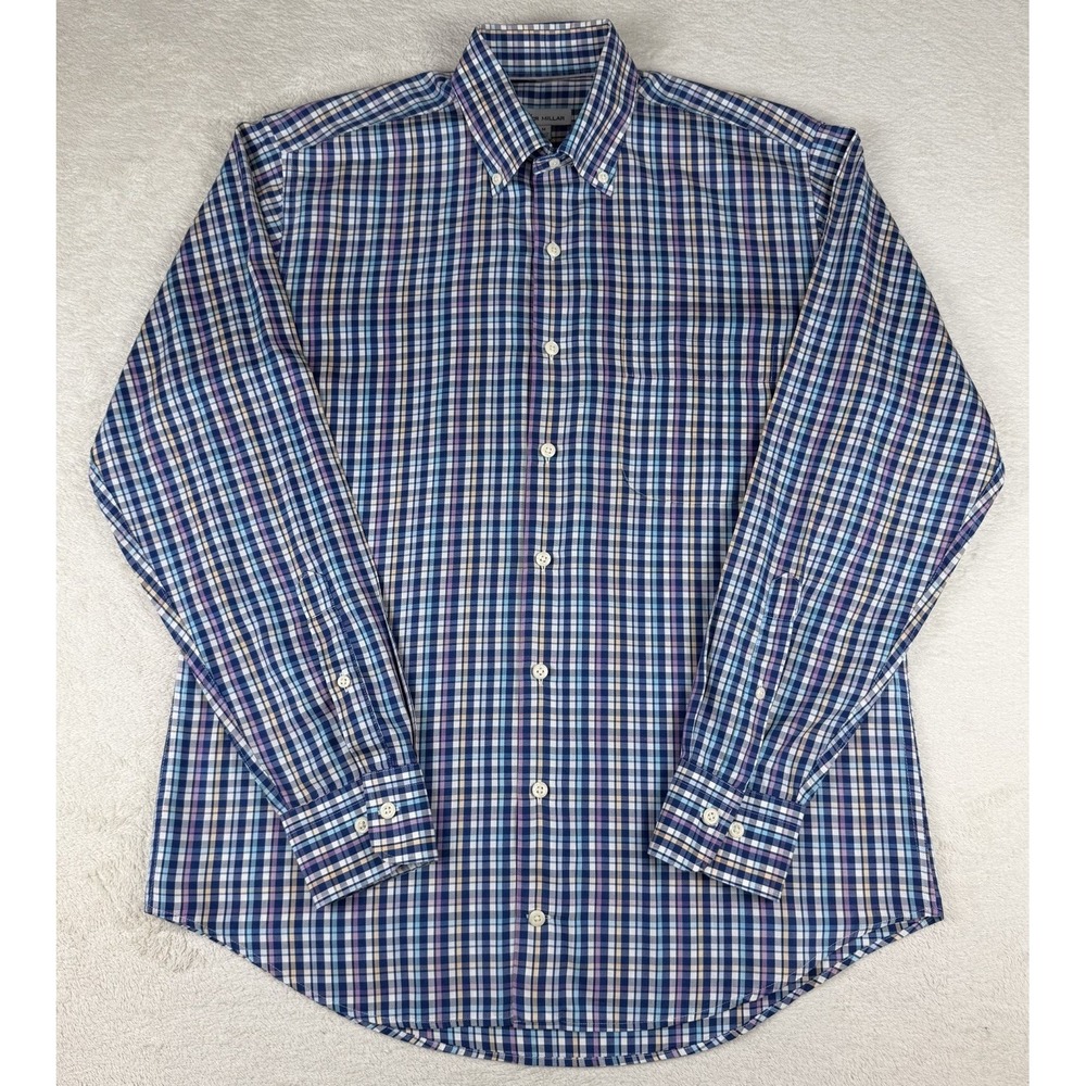 Peter Millar Plaid Button Down Shirt‎ Mens M Blue Multicolor Silk Blend Soft
